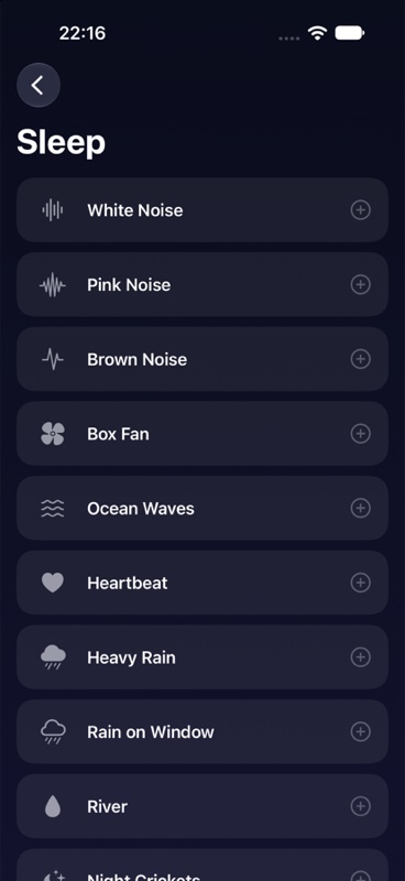 Hummo list of sleep sounds: white noise, pink noise, brown noise, box fan, ocean waves